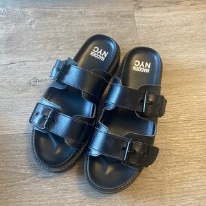Madden NYC Black Faux Leather Double Buckle Strap Footpad Slides Sandals